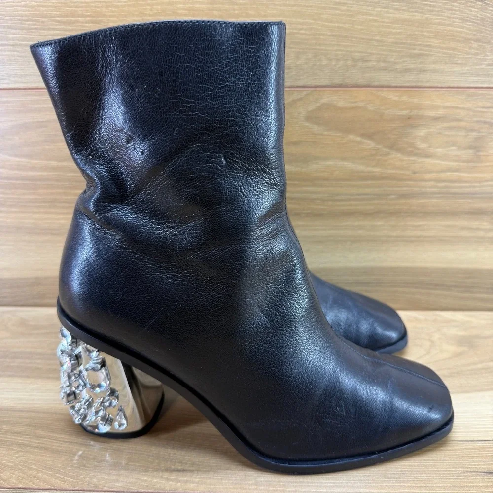 Tory Burch Sculpted Heel Embellshed Boots 8.5 M Black Leather Square Toe Zipper